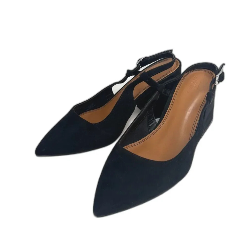 ASOS Design Black Velvet "Sydney" Slingback Pointed Toe Chunky Heel Sz 7